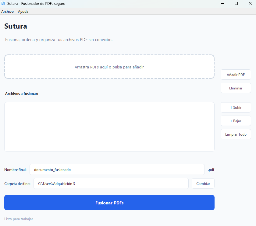 Interfaz de Sutura - Fusionador de PDFs
